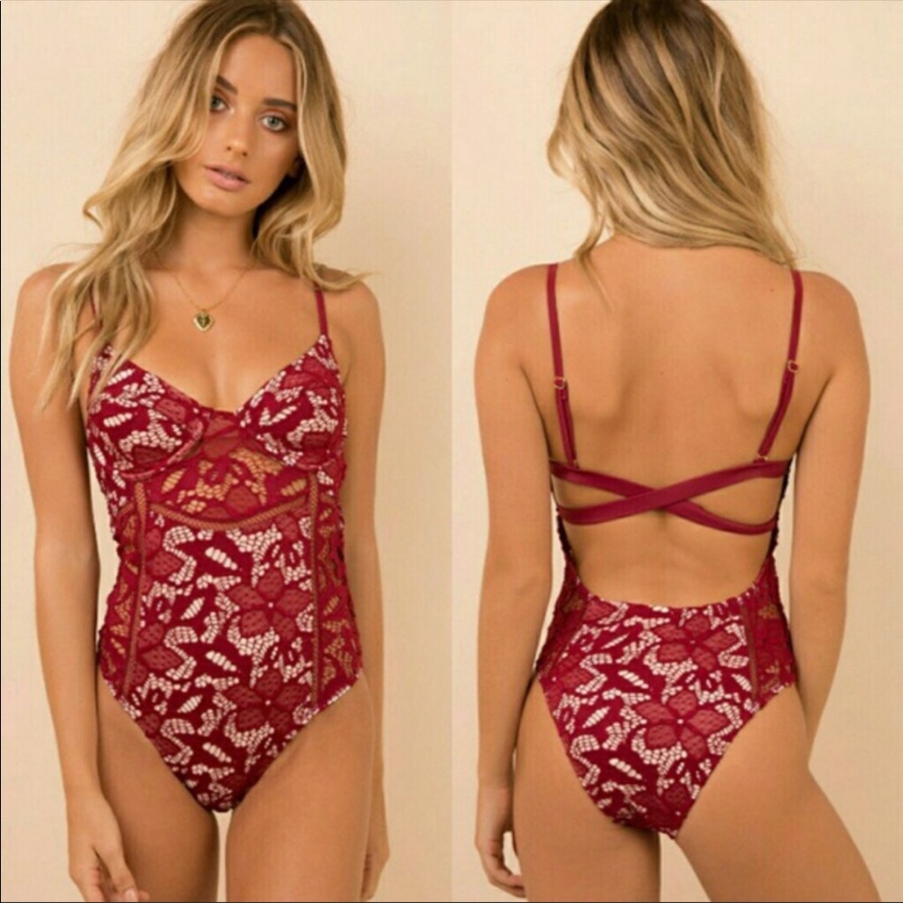 SomeDays Lovin Red Lace One Piece Swimsuit XS